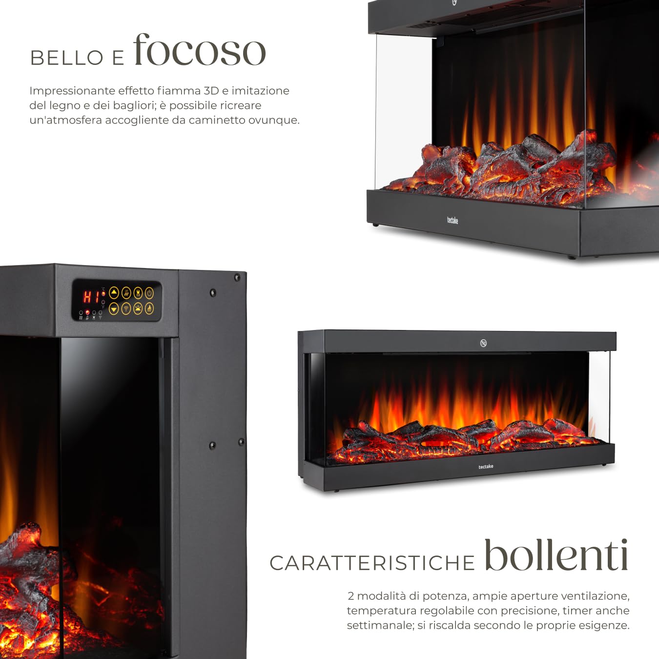 tectake® Caminetto elettrico da parete, 91,4 x 38x 24,5 cm, Camino Elettrico Smart, 2 livelli di calore 900/1800 W, Stufa effetto fiamma 3D, 9 colori, 5 Livelli luce, termostato, telecomando, app Tuya