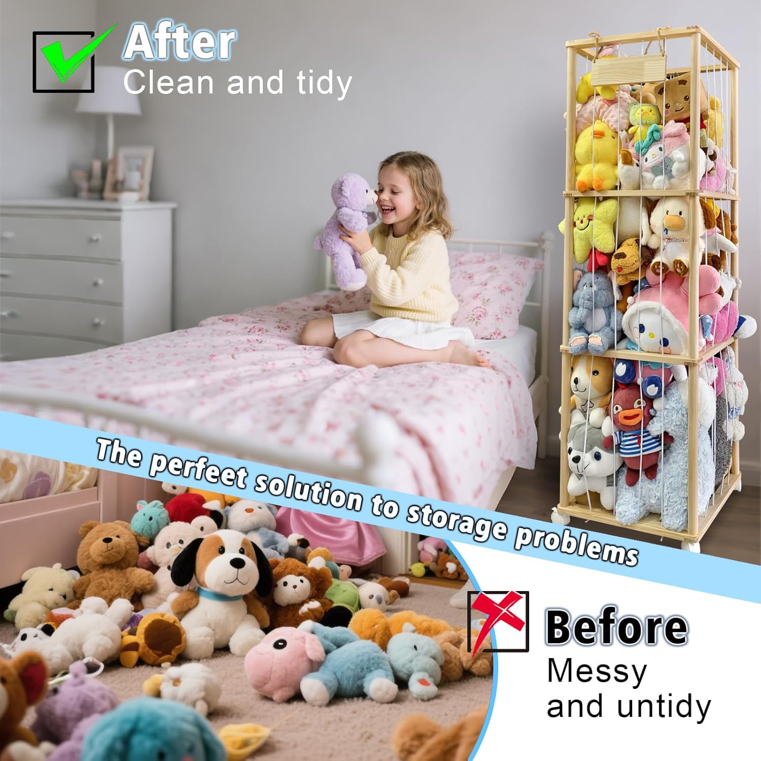 Wooden Stuffed Animal Storage Zoo Stuffed Animal Holder Plushie Storage Space Save Vertical Toy Storage Organizer with Elastic Band for Nursery Playroom Kidroom Bedroom