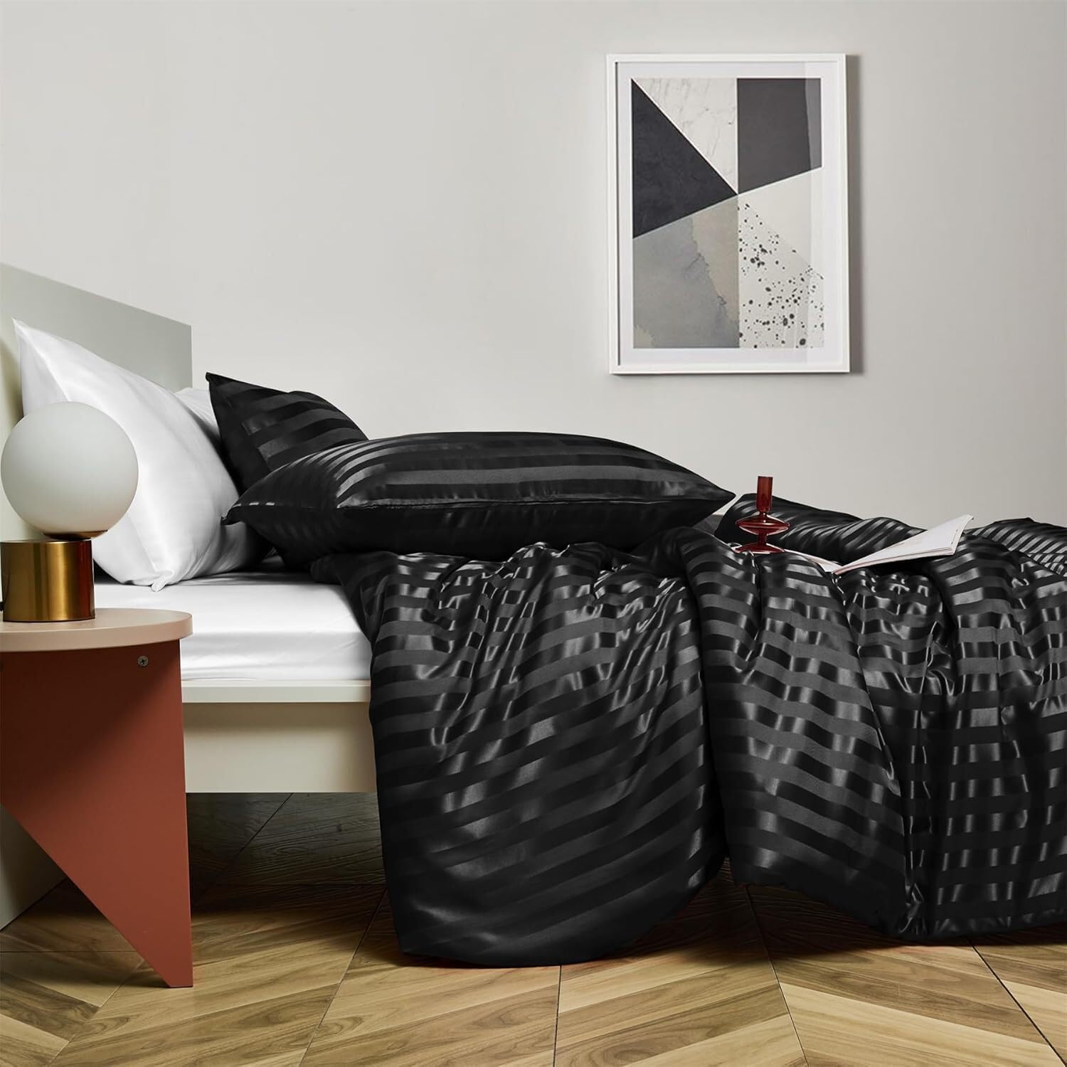 Gezu - Set di biancheria da letto con copripiumino 240x260 cm nero in satin a righe, set letto 240x260 per adulti 2 persone, biancheria da letto in satin di seta liscio e sottile con chiusura lampo e