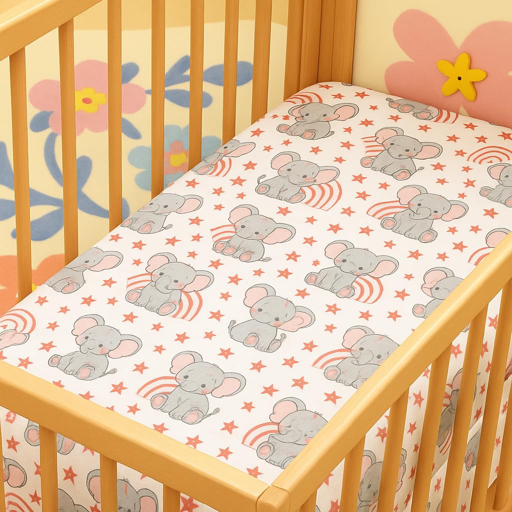Fitted Cot Crib Sheet | Bed Sheets for Newborn Baby Crib Mattress | Deep Pocket All Round Elastic Fitted Crib Sheet for Baby| Size 132 cm x 71 cm | Crib Sheets - 28"x52" | Cute Elephant-image-30