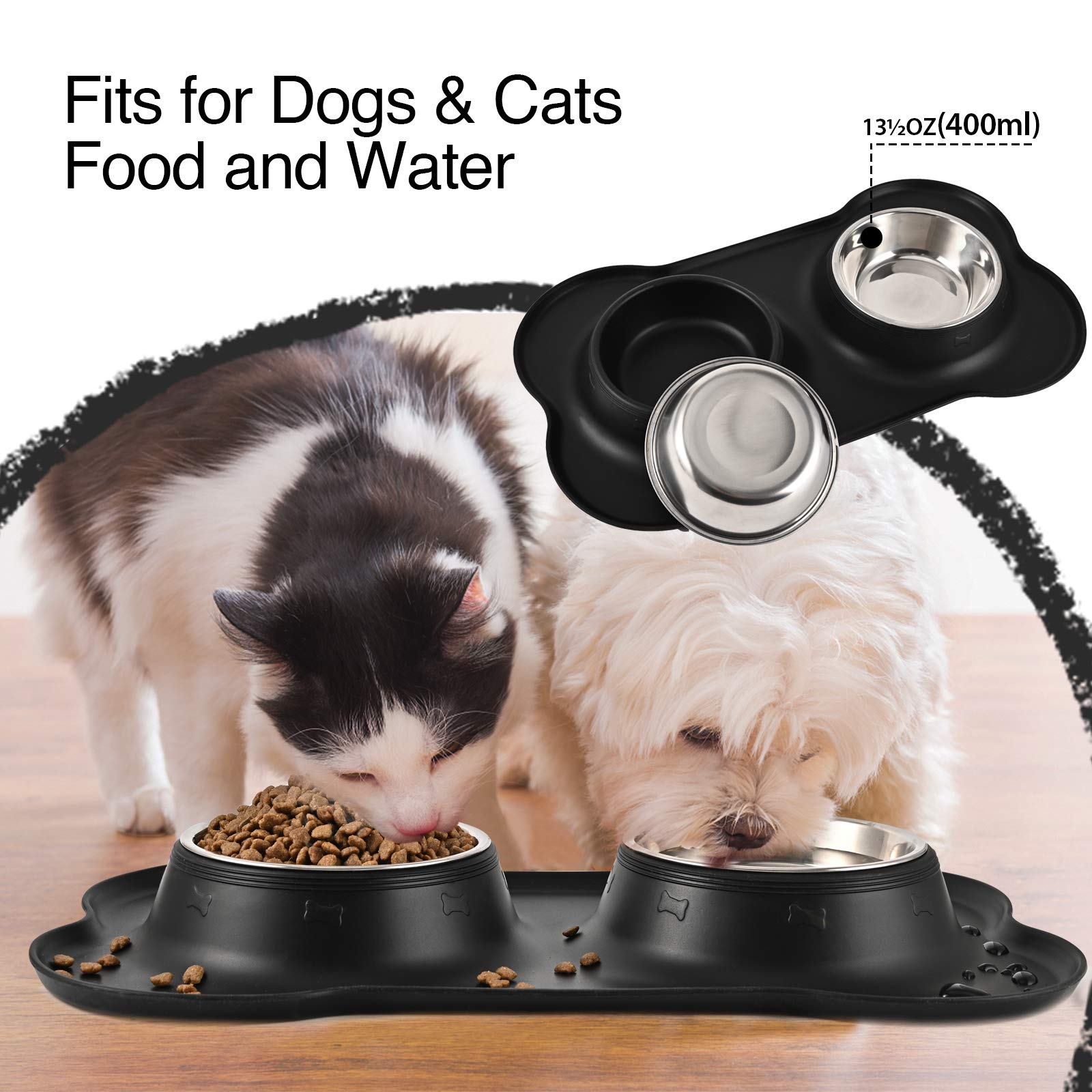 Juqiboom Dog Bowls 2 Stainless Steel Bowl For Pet Water&Food Feeder With Non Spill Skid Resistant Silicone Mat For Pets Puppy Small Medium Cats Dogs (13½ Oz Ea, Black),?45.97 cm,H_4.57 cm,W_26.92 cm 4