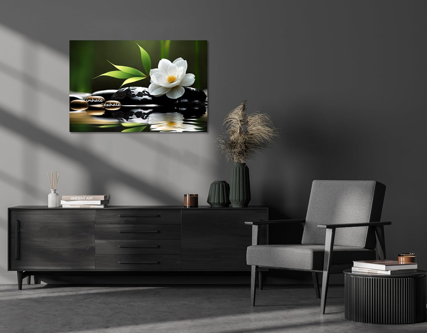 YIOZHAOFH Lotus Flower Wall Art Zen Canvas Inhale Exhale Poster Black Spas Nature Prints Pictures for Meditation Wall Decor Framed Artwork Ready to Hang (24.00" x 36.00")