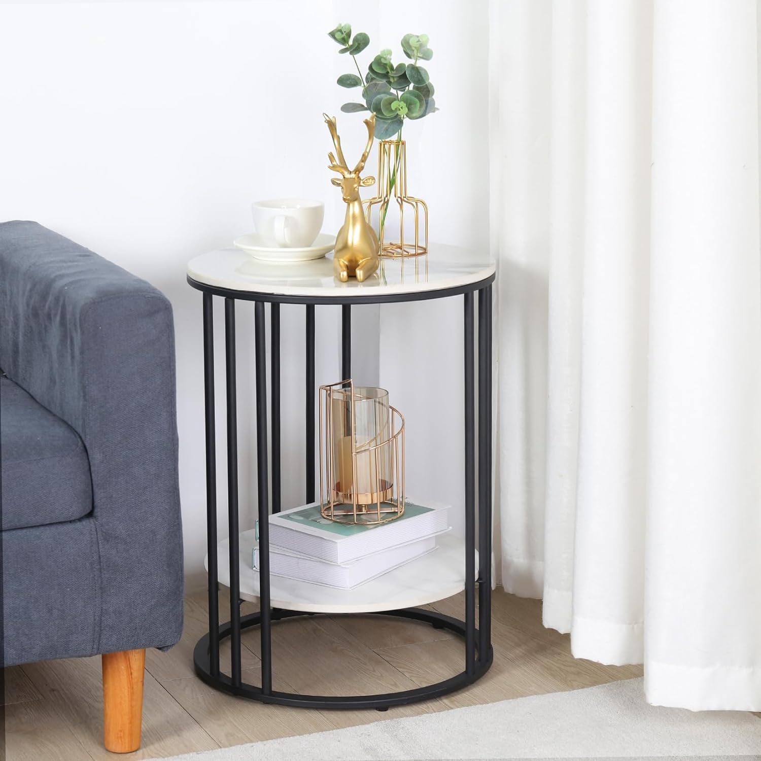 Round Side Table Corner End Table for Living Room Bedside Mid Century Modern Coffee Table or Circle Accent Table for Small Spaces Metal Nightstand (Black and White)