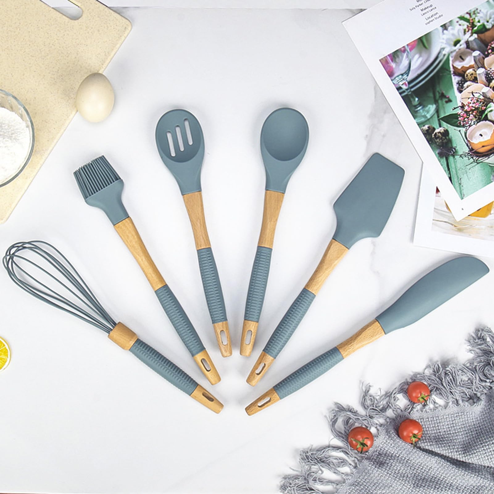 Ensemble d'ustensiles de cuisine en silicone, ensemble de 6 spatules d'ustensiles de cuisine avec manche en bois, ustensiles de cuisine, gadgets de cuisine pour la pâtisserie au