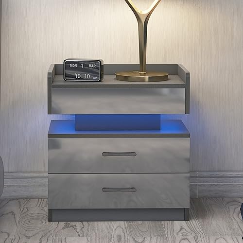 Mesita de noche con luz LED y puertos de carga USB, mesa auxiliar de alto brillo con 2 cajones de almacenamiento, mesita de noche para dormitorio,