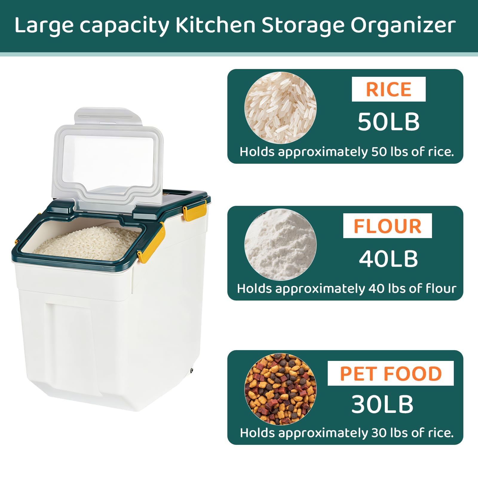 Set di 2 contenitori ermetici per farina da 20 kg con coperchio di chiusura, grande contenitore per riso e farina con ruote e misurino, dispenser per alimenti secchi senza BPA per cucina e