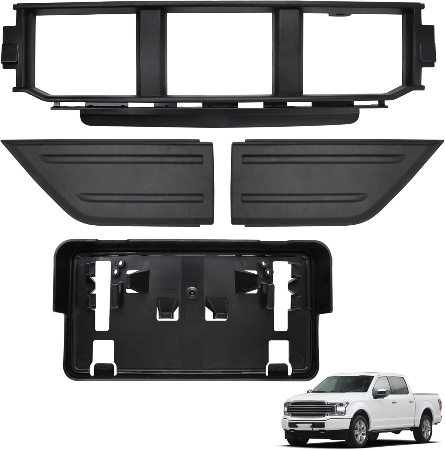 Front Bumper Grille Corner Panel Cover Front License Plate Bracket Compatible with Ford F150 2021 2022 2023 Replace ML3Z17B968BB ML3Z17B968BA ML3Z-17E810-AA ML3Z-17E811-A ML3Z-17A385-BB