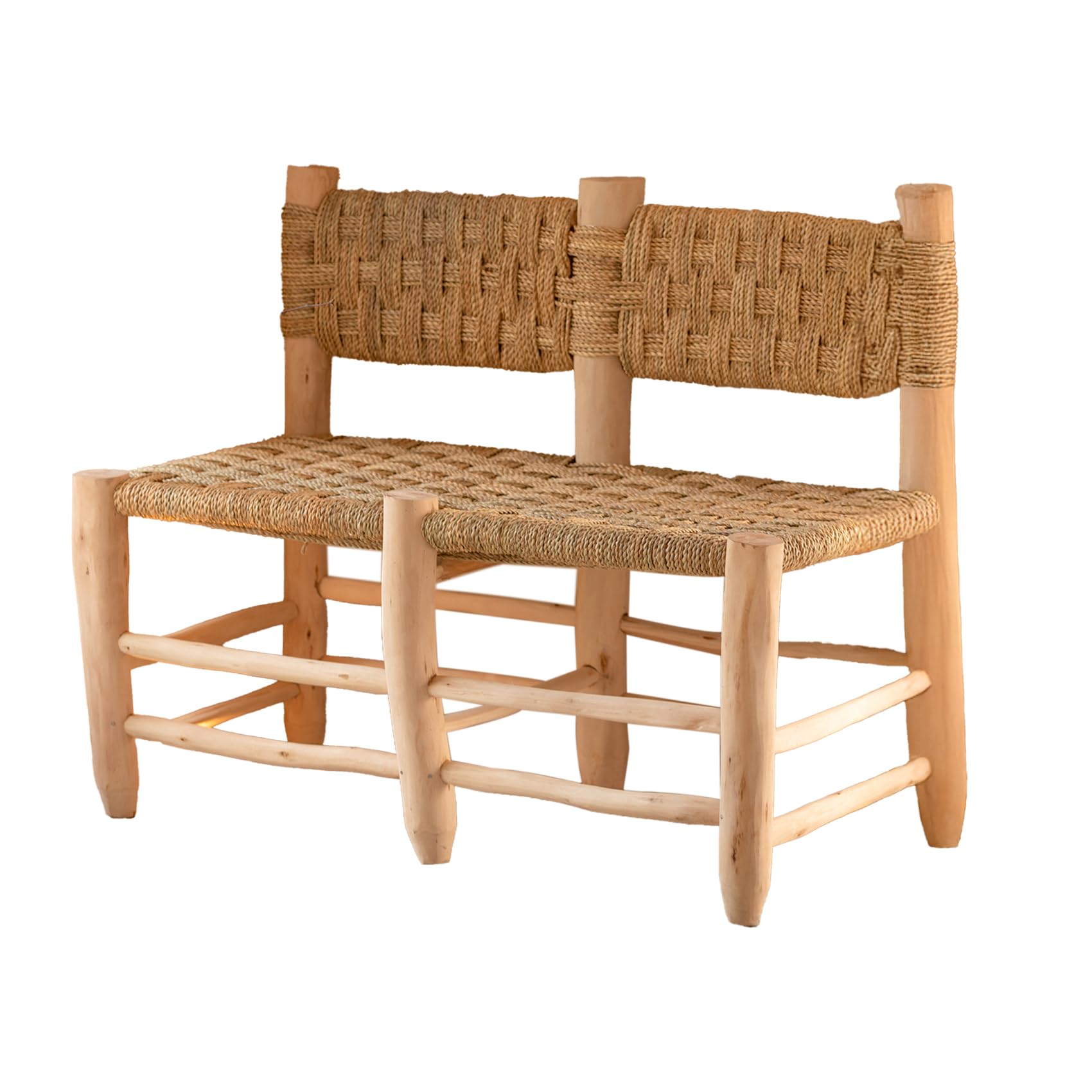 Homemaison - Double Banquette Marocaine Tressage Damier - Bois et Fibres Naturels - Fabrication Artisanale Unique - Mobilier d'Entrée, Chambre, Salon - 100 x 60 x 75 cm - Naturel