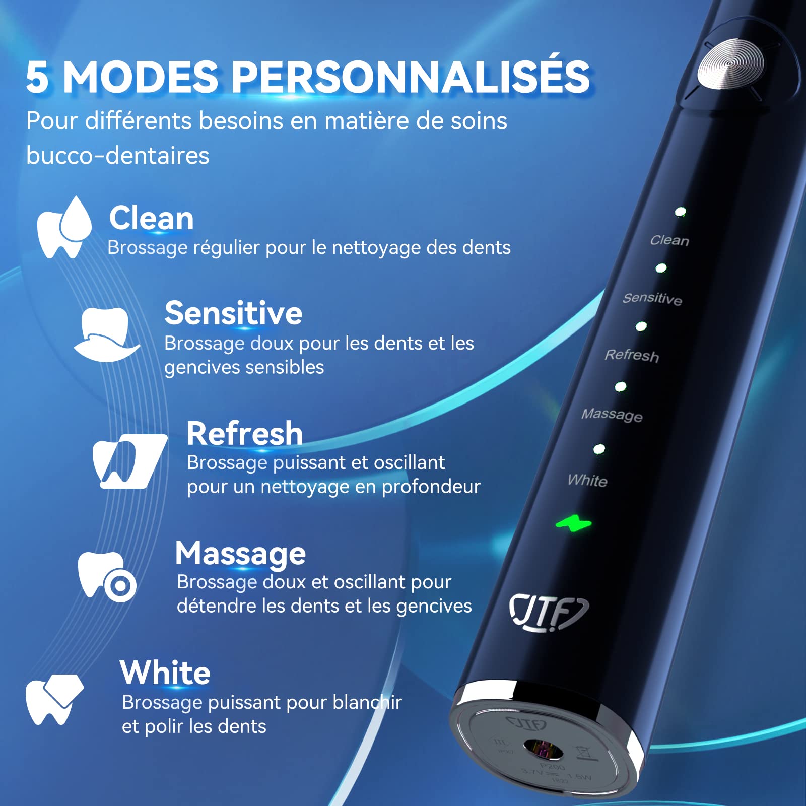 JTF Brosse À Dent Électrique Sonique Adultes avec 6 Têtes de Brosse et Étui de Voyage, Chargeur Rapide sans Fil et Longue Durée, 5 Modes et Minuteur Intelligent, Brosse À Dent Voyage, P200 Bleu