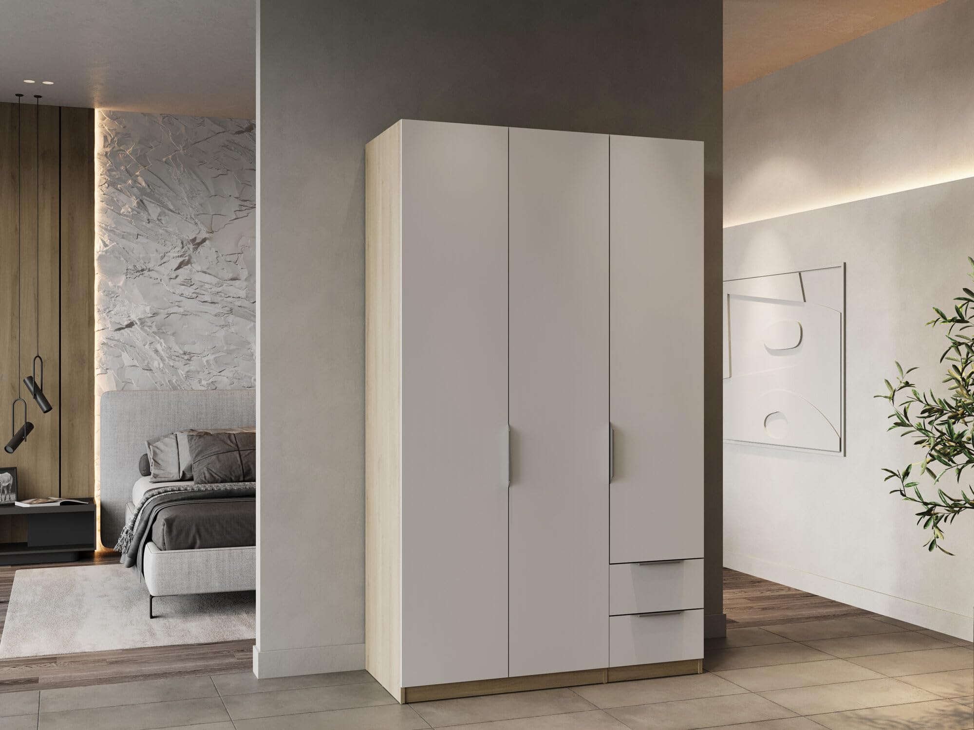 Armoire Dressing avec Penderie Moderne 3 Portes 2 Tiroirs 4 Niches – Coloris Chêne Kronberg & Blanc Mat - 119,4 x 51,1 x 203 cm