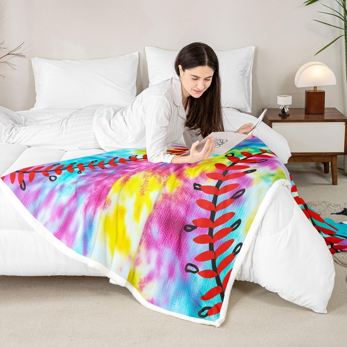 Kids Baseball Plush Blanket Boys Girls Softball Sports Game Fleece Throw Blanket Girly Colorful Tie Dye Sherpa Blanket Teens Men Baseball Gaming Fuzzy Blanket for Sofa, Rainbow Decor Twin 60x80 Inch