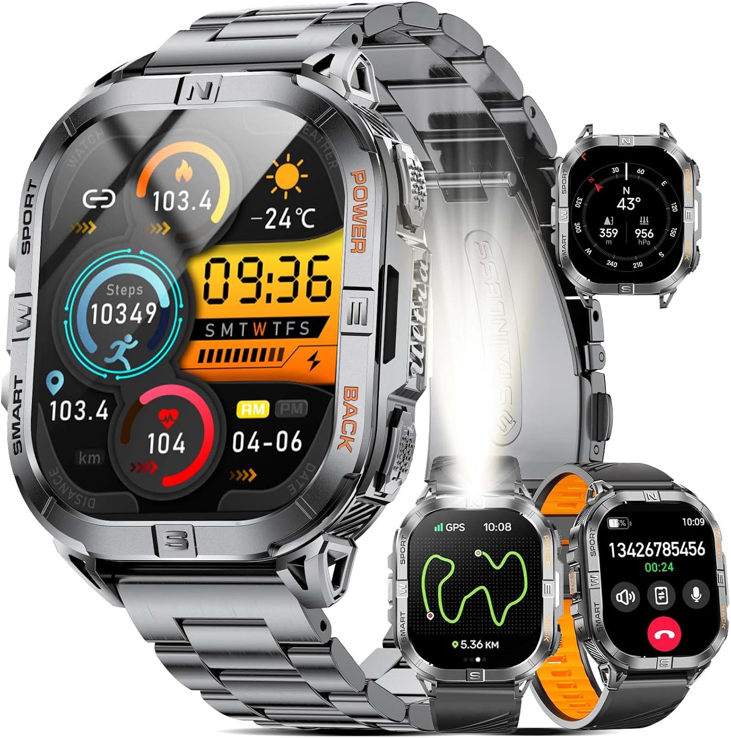 LIGE DM6 Smartwatch with a silver metal strap and a black silicone strap, displaying various watch faces and features like steps, heart rate, and weather.