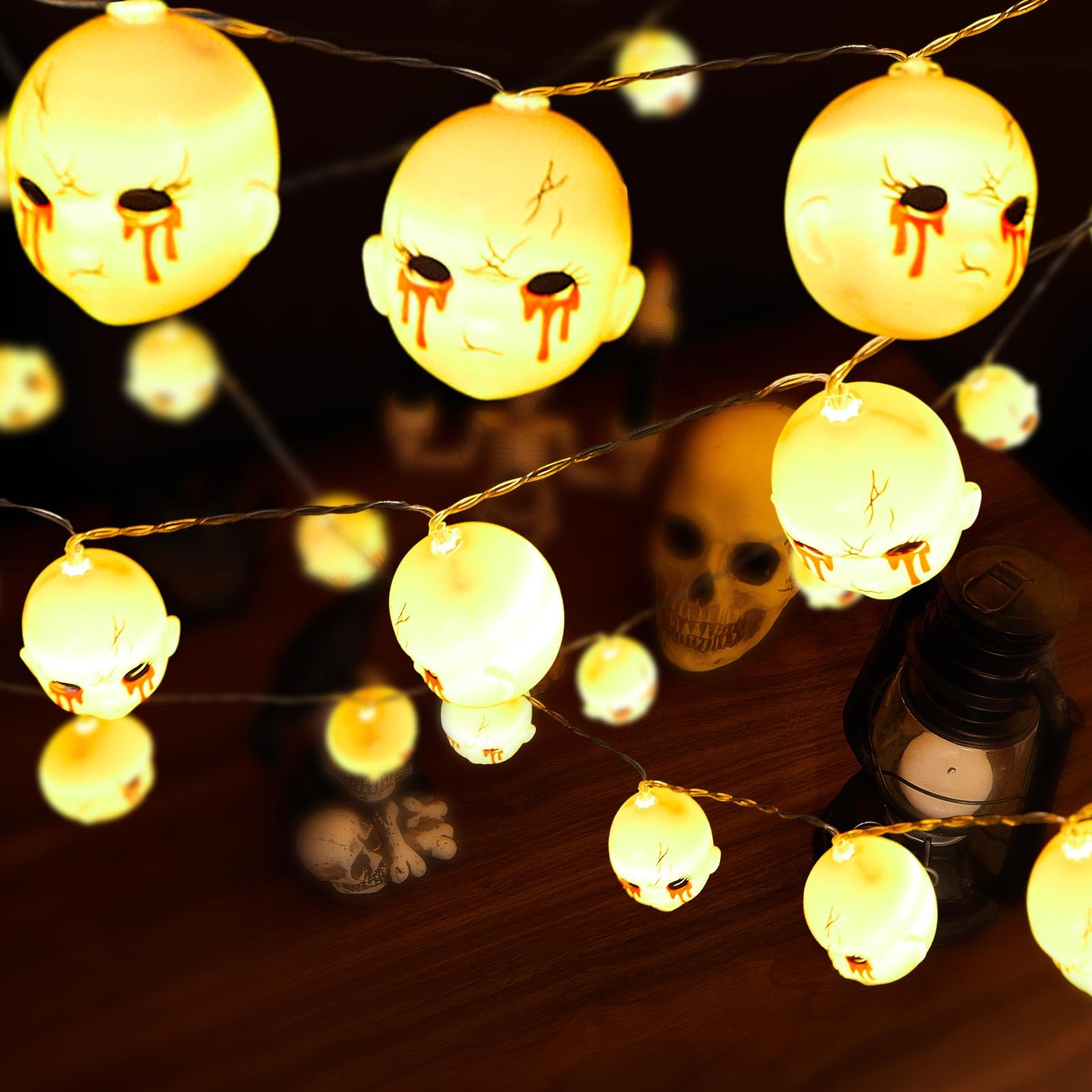 VIHOSE 15 ft Halloween Creepy Doll Head String Lights Baby Doll Face Skull String Light Horror Decorative String Light for Indoor Outdoor Window Porch 180'' Halloween Party Decor