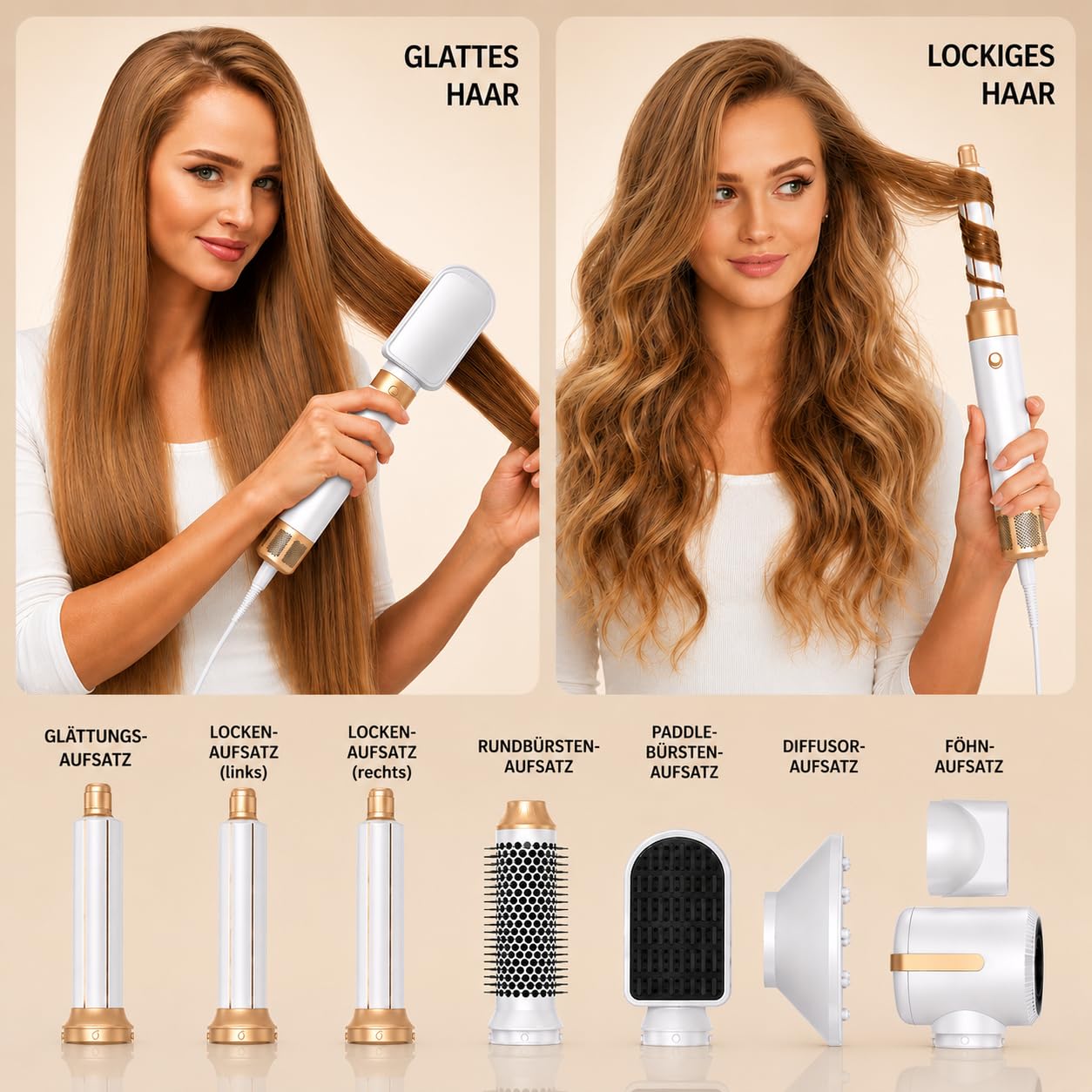 Airstyler 7-in-1 Lockenstab, Golden Goods Hairstyler Set mit Warmluftbürste, Glättbürste, Haartrockner, Geben Sie dem Haar Volumen, Glätten, Locken und Föhnen, Rundbürstenföhn, 1400W