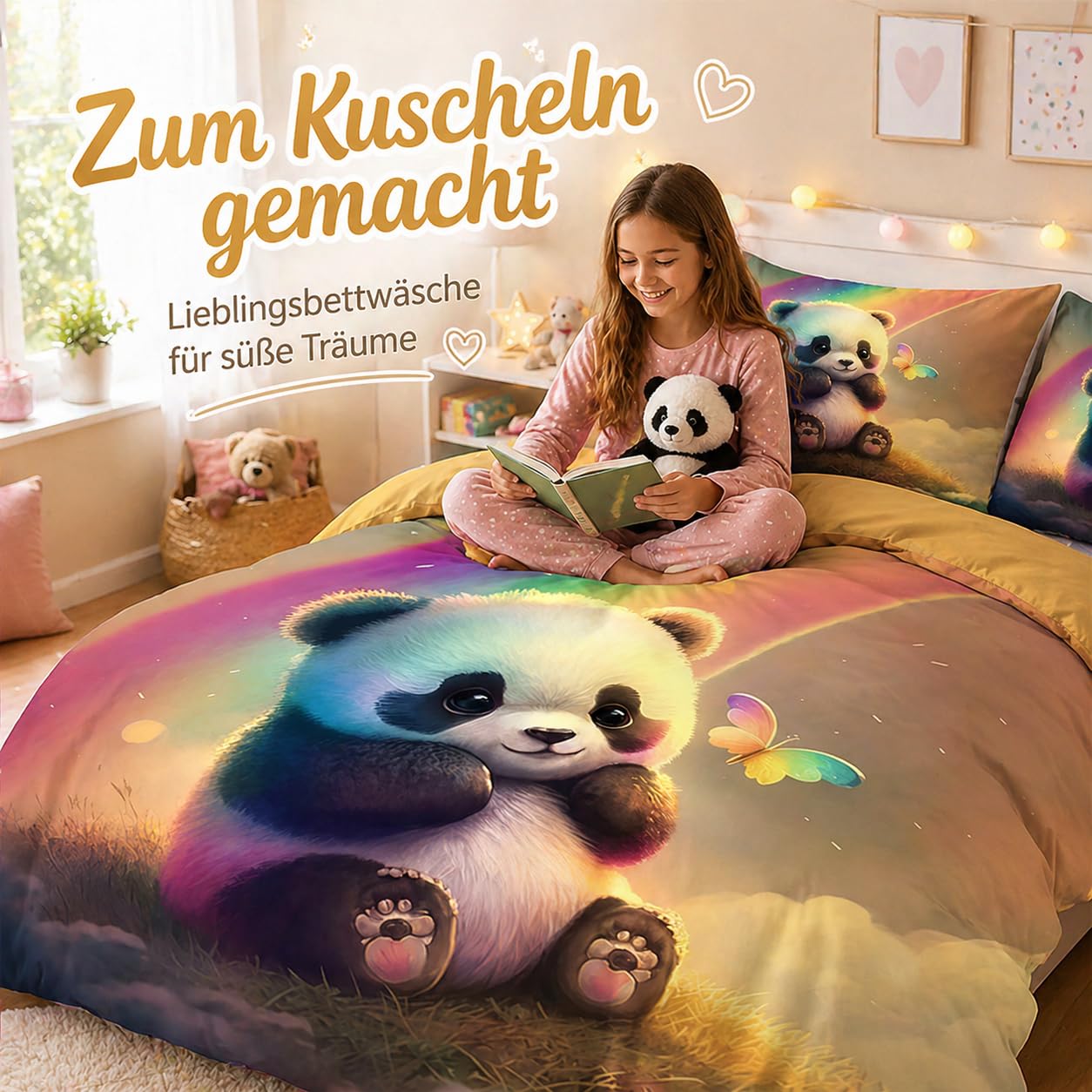 Kinder Bettwäsche-Set mit Panda-Motiv, 220x240 cm, Kissenbezug 80x80 cm, Mikrofaser