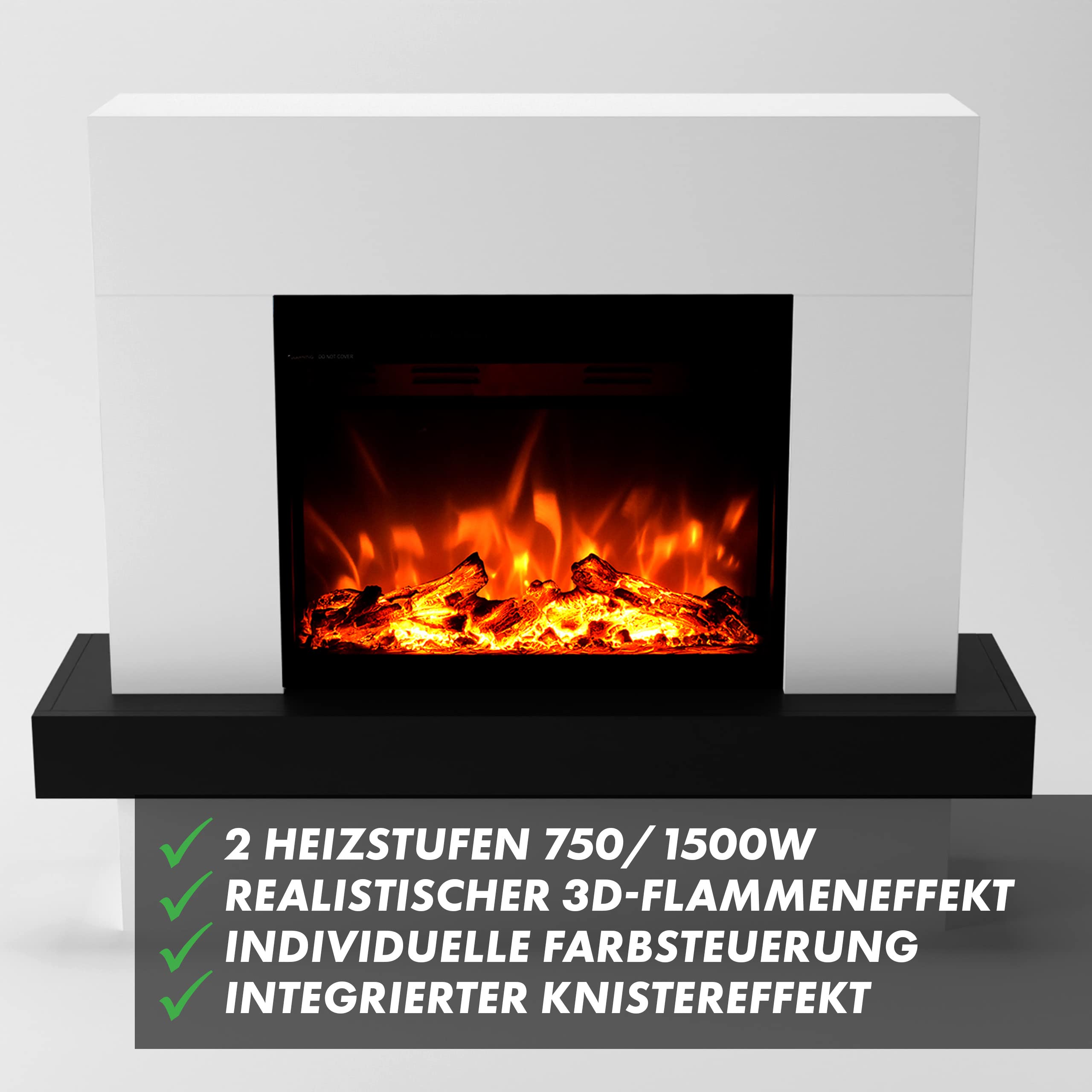 GF Core Elektrokamin mit Heizung und Kaminfeuer (Standkamin Pandora) - elektrischer Kamin mit LED-Feuer in 3 Farben, Heizlüfter, Holz-Deko & Fernbedienung, 114x97x32 cm, Weiß