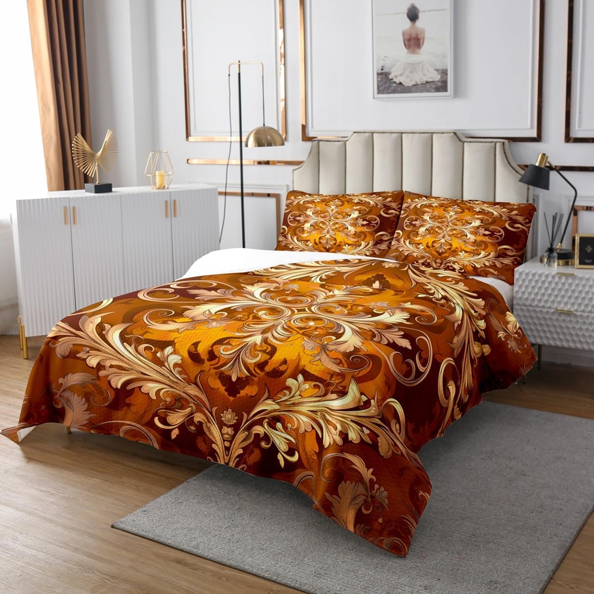 Erosebridal Retro Floral King Bedspread Set, Bohemian Flowers Chic Paisley Microfiber Quilt Set, Victorian Baroque Hippie Coverlet Set & Bedspread for Bedroom, Vintage Fashion Quilt Bedding Sets