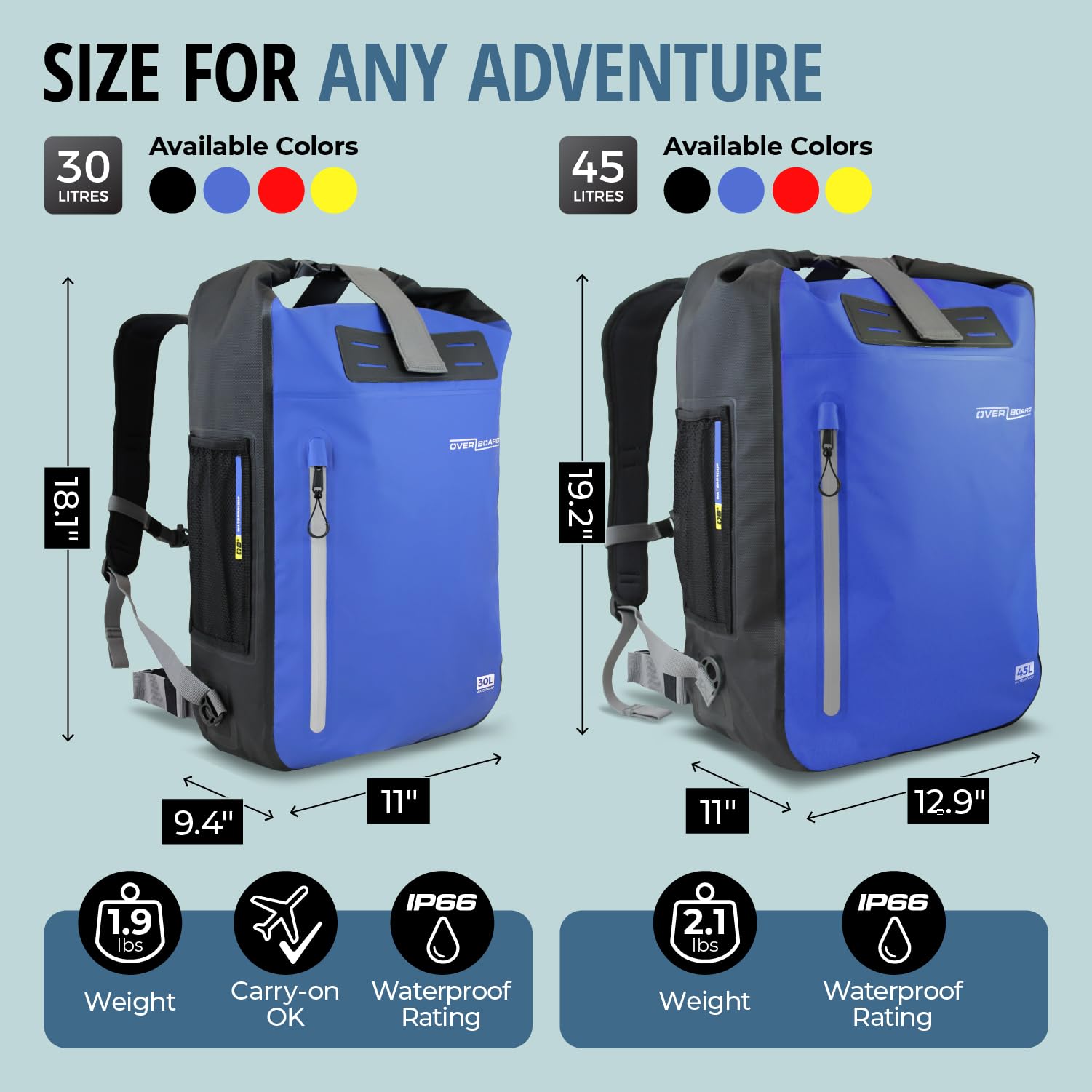 Overboard Mochila impermeable azul de 45 litros | Bolsa seca flotante enrollable para kayak, playa, canotaje, senderismo, pesca, rafting | Incluye funda impermeable para teléfono y organizador de