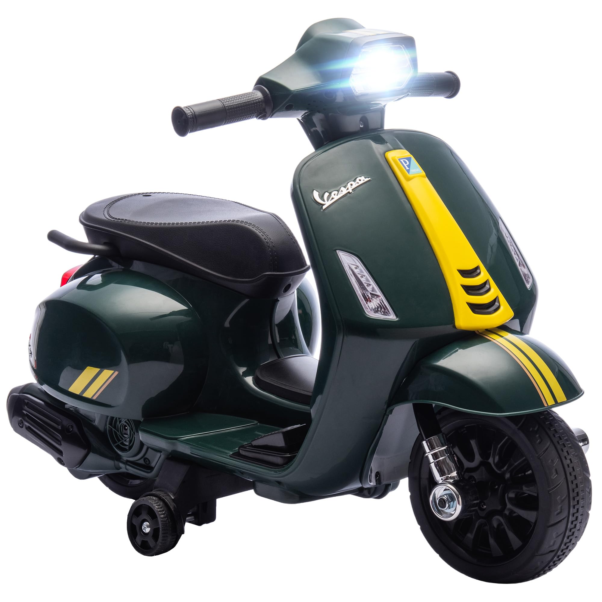 AIYAPLAY Moto Eléctrica para Niños 6V, Vespa con Licencia Oficial, con Ruedas de Aprendizaje de 17,5 cm, Velocidad 2,5 km/h, Faro y Bocina, para 2-6 Años, Verde Oscuro