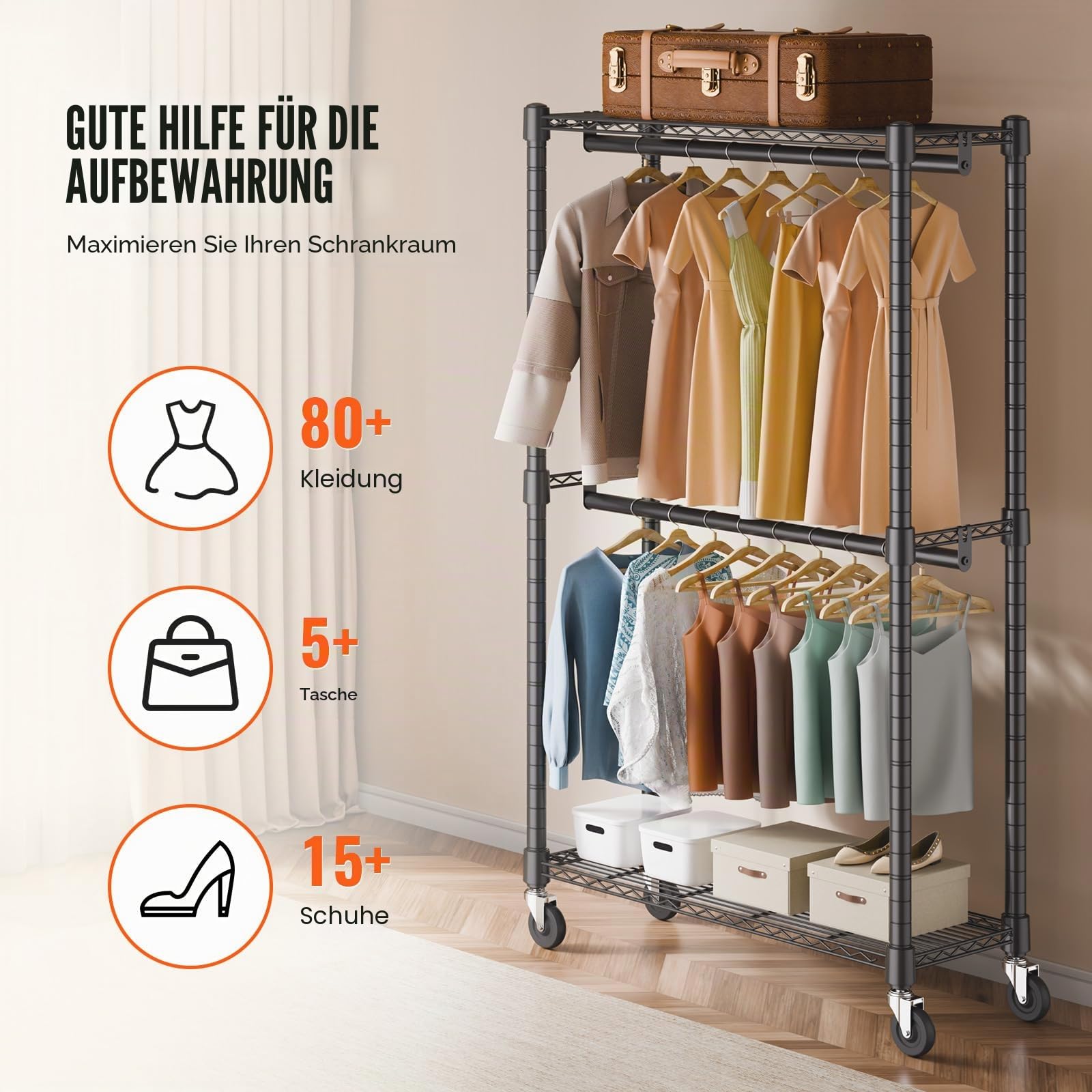 VEVOR Rollbarer Kleiderständer Garderobenständer 1 Kleiderstange, 2-lagig, 136 kg Belastbar Strapazierfähiger Rollbarer Kleiderständer für Schlafzimmer, Wäscheraum, Ankleidezimmer, Eingang usw.