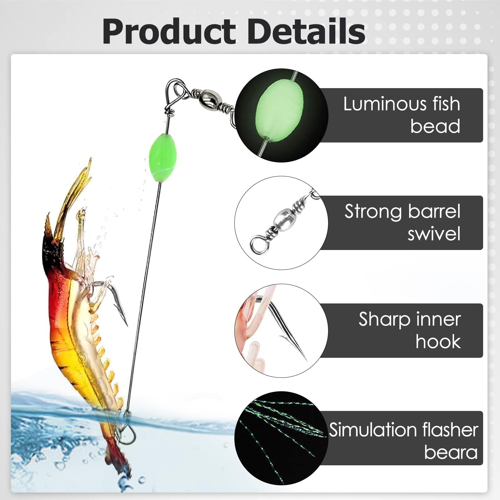 BendJoy® 8PCS Fishing Hook Set with Luminous Bait, Fishing Lures & Bait, Includes Clamps, Connectors & Swivels, Ideal Fish Hook for Day & Night Fishing, All Fishing Accessories