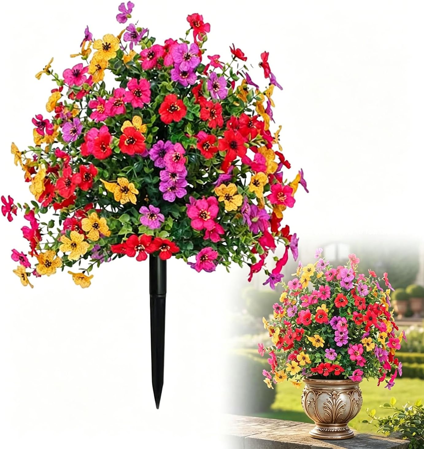 Artificial Flowers with Ground Spikes, No Fade Faux Bushes Shrubs, Realistic Outdoor Fake Plants for Garden Porch Patio Wedding, Indoor Home Party Decoration (Multicolor)