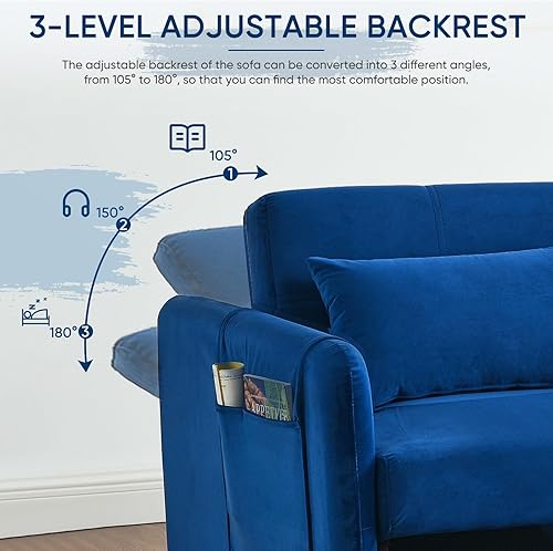 Miniatura 5 de Sofá cama convertible 3 en 1, moderno sofá biplaza de terciopelo con bolsillos laterales de almacenamiento y almohadas, sofá biplaza pequeño para