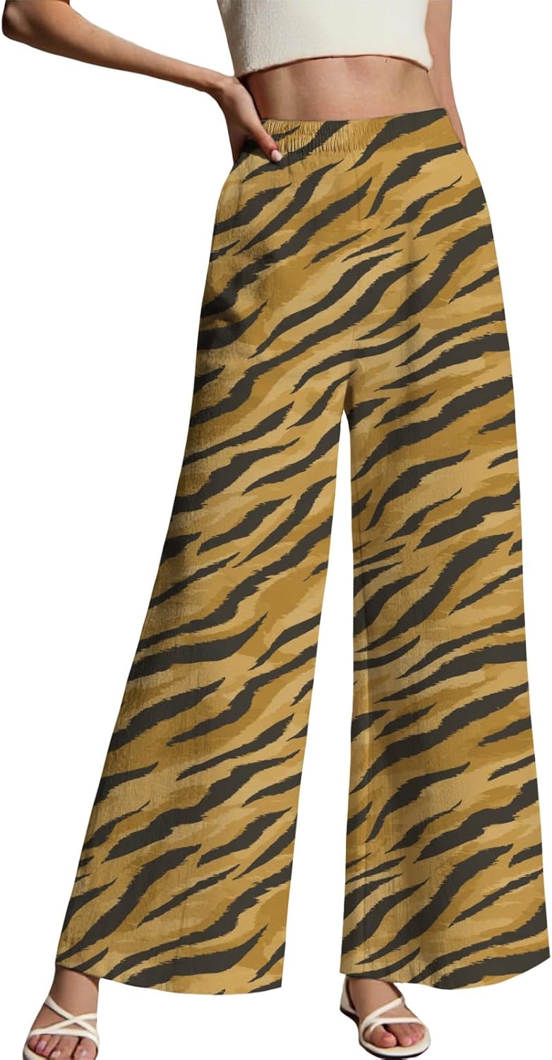 LIZALIG Women's Leopard Print Pants High Waist Wide Leg Trousers with Elastic Waistband Casual Loose Fit Pockets