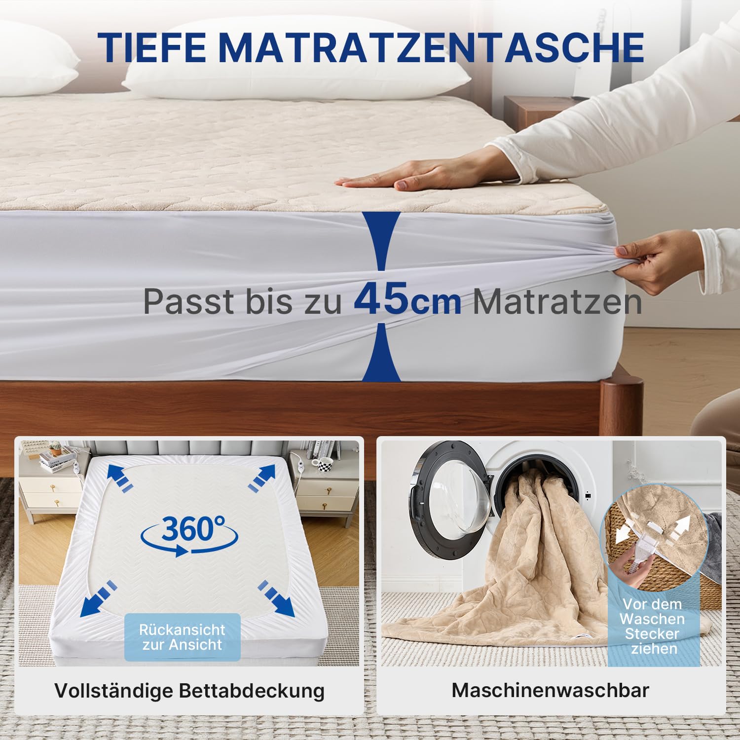 WOOMER Elektrische Wärmeunterbett mit Abschaltautomatik,200GSM/Samt Heizdecke mit 12h-Timer, 10-Stufen, Überhitzungsschutz, 5,8m Kabel, Für Matratzen bis 45cm / Waschbar/Hellbraun/135×190cm