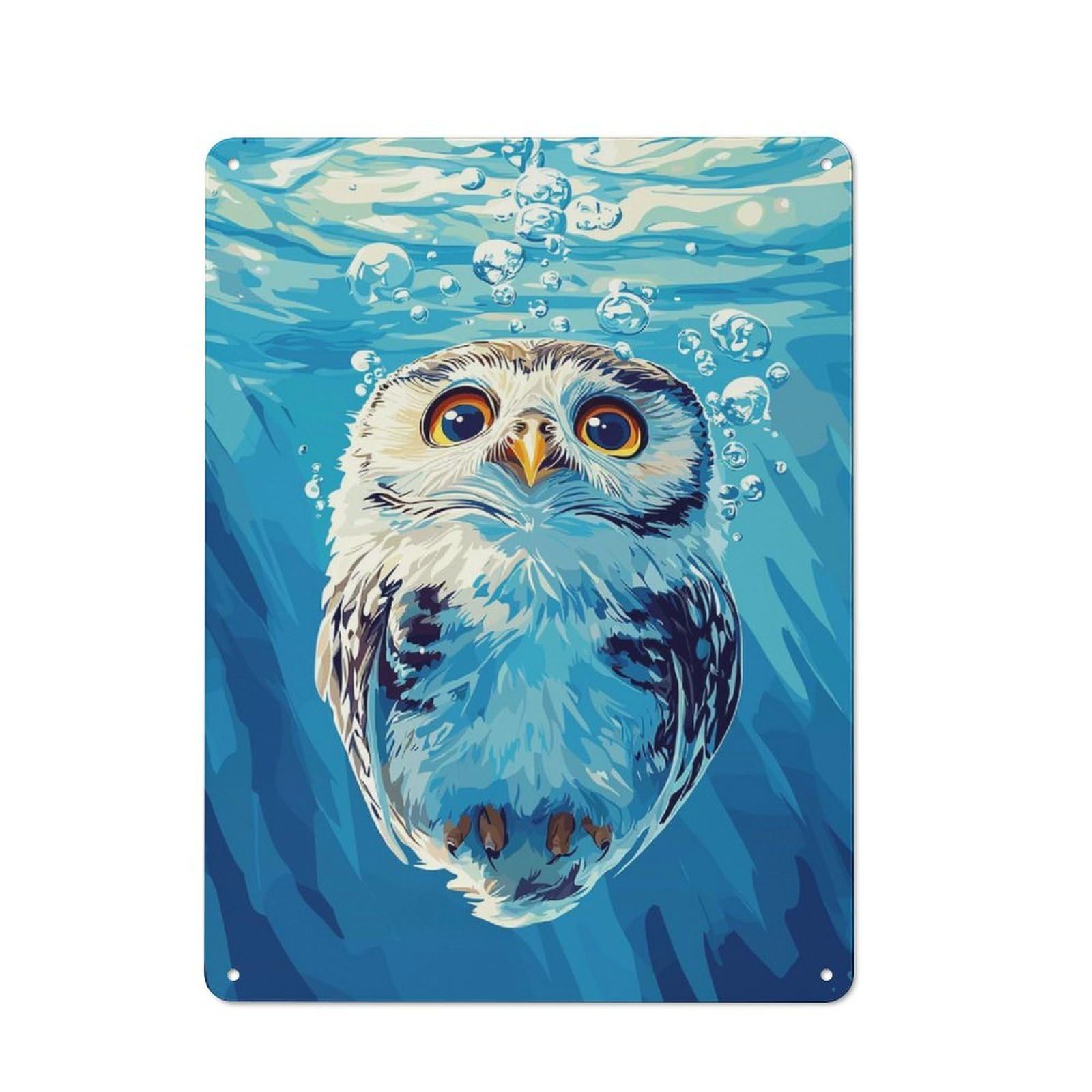 Junmoney Style-21 Garage Style Metal Wall Sign 40X30cm Featuring Underwater Owl Illustration, Garage Wall Decor For Garage, Hobby Room, Office Or Man Cave