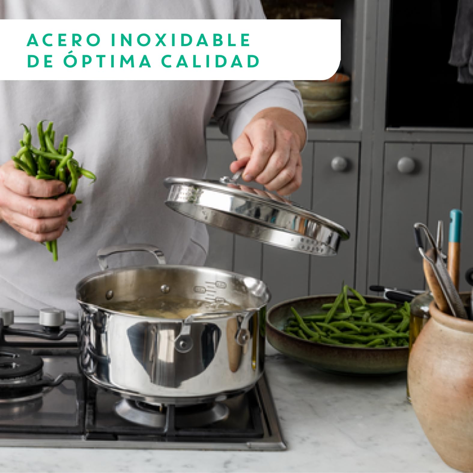 Tefal Jamie Oliver - Juego de 2 Sartenes antiadherentes 20/28 cm + 3 Cazos 16/18/20 cm + 3 Tapas, Apto inducción, Thermo-Fusion, marcas medición, apto lavavajillas y horno, acero inoxidable