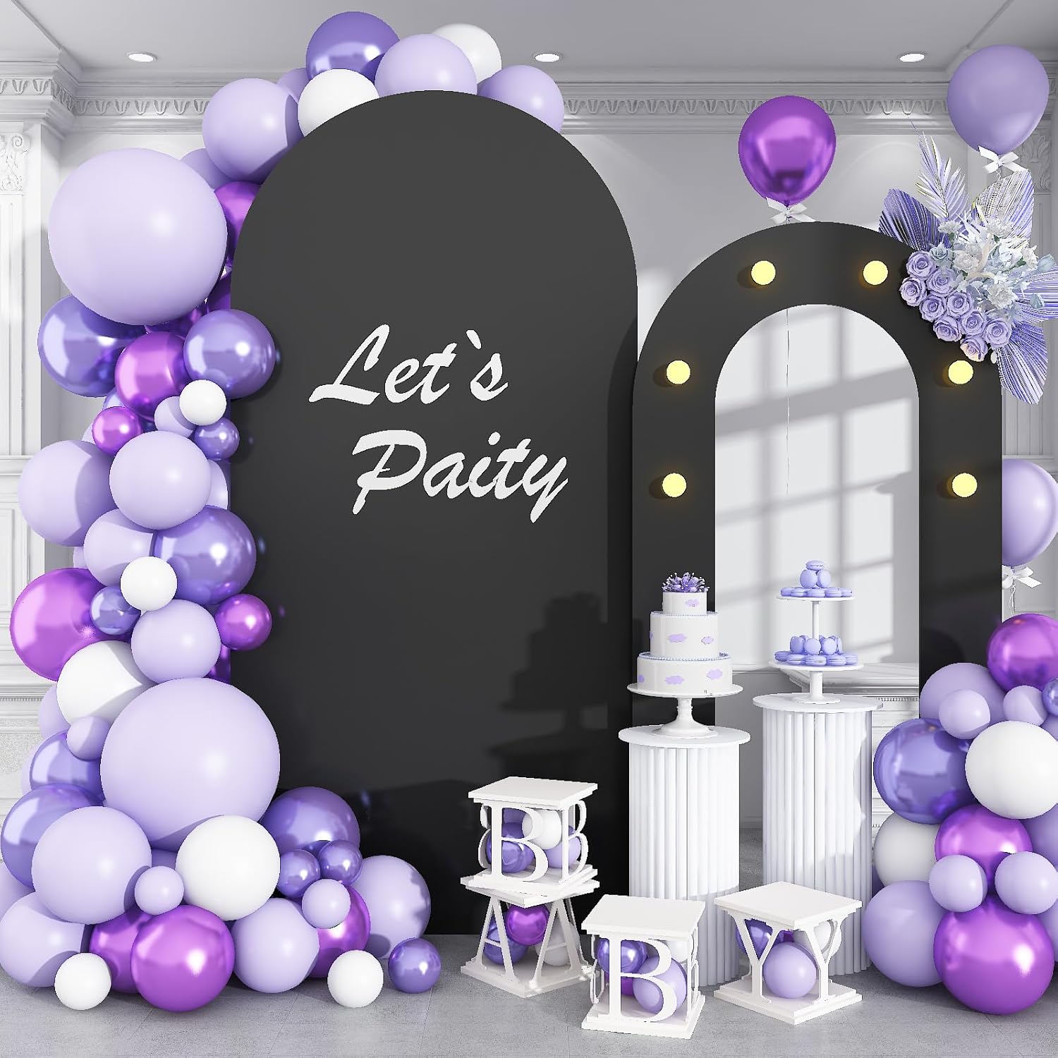 Black Arch Backdrop Stand for Indoor 6.2FT+5.5FT Wedding Backdrop Arch Frame with Light 2 Set Round Top Balloon Foam Arch Cardboard for Halloween Birthday Retirement New Year Party Decoration