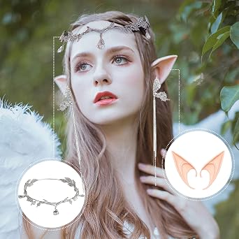 Set of 3 Crystal Princess Elven Headpiece with Large Elf Ears Adult & Silver Angel Wing Earrings, Fairy Crown Tiara Head Jewelry for Elf Costume Women Cosplay Renaissance Halloween