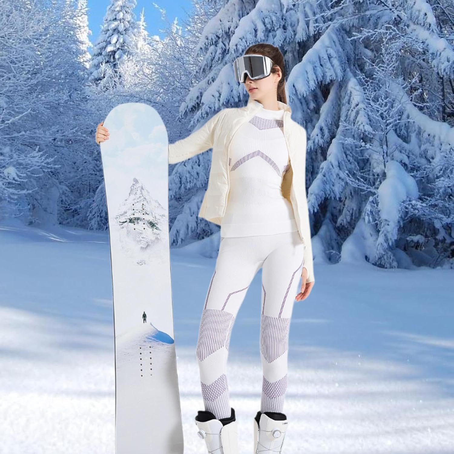 Women's Thermal Underwear Set, Long Sleeve Base Layer, Quick-Dry Nylon, for Skiing Hiking Running, White and Purple