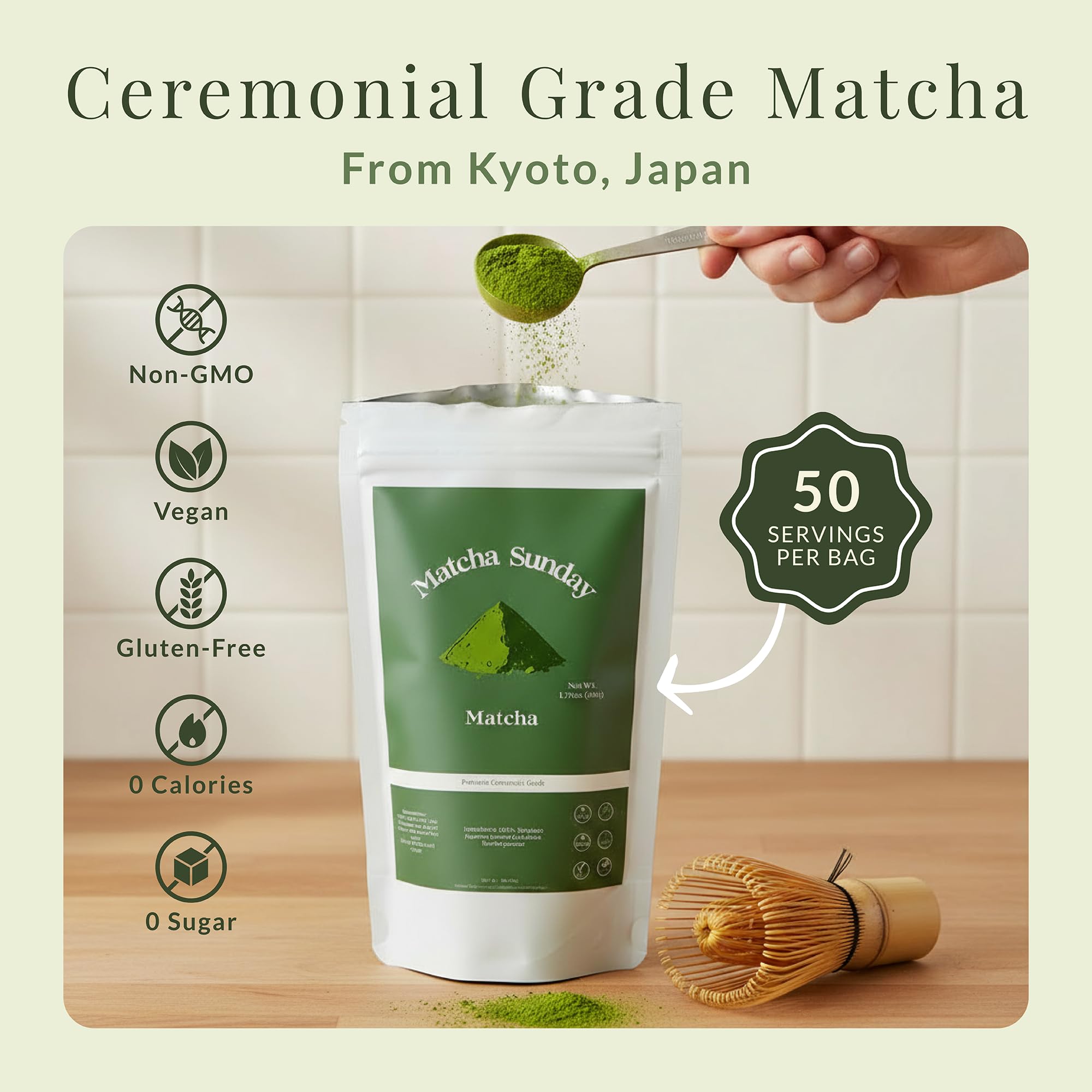Matcha Sunday Ceremonial Grade Matcha - Kyoto Japan - Finely Ground Green Tea Powder - Vibrant Green 50g — view 2