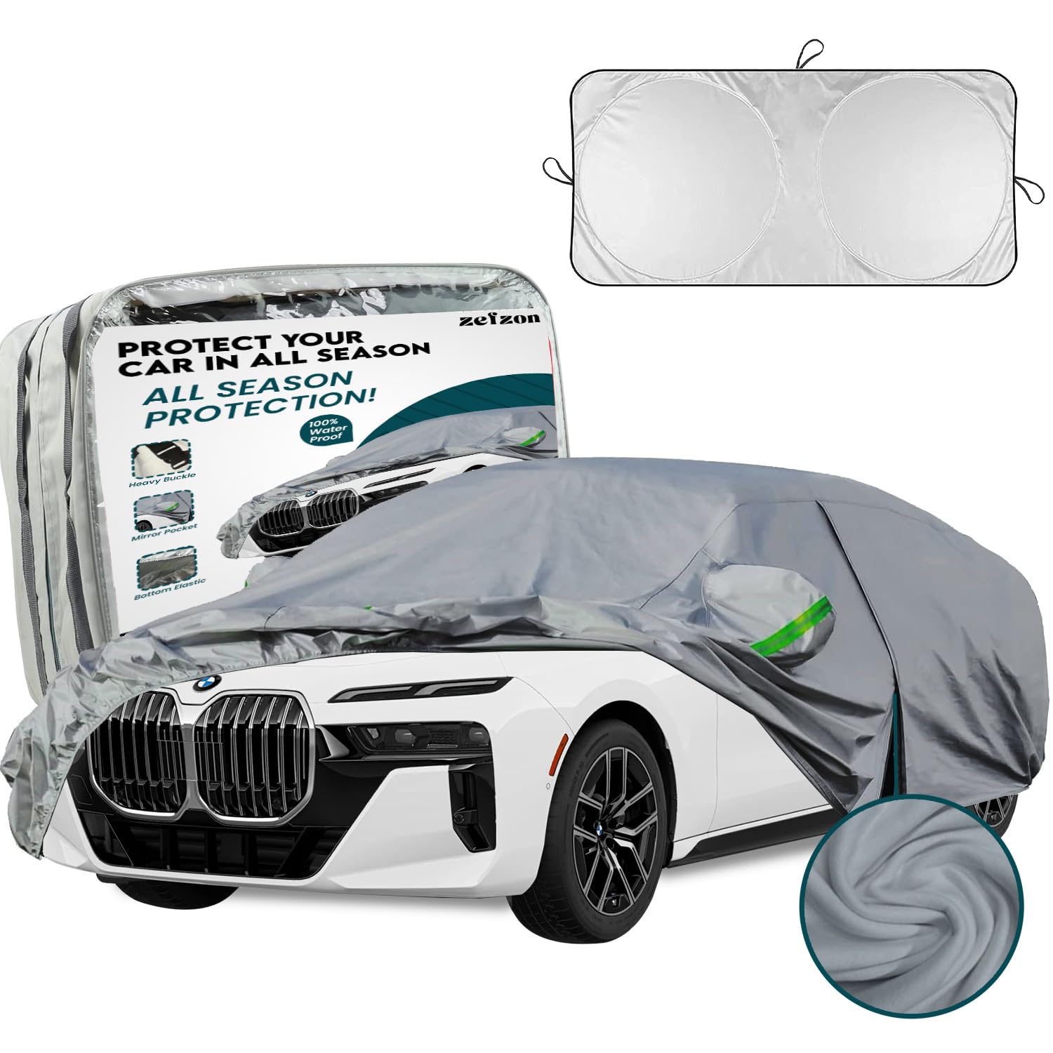 Car Cover Sedan, XXL 220''x 80''x 48” Sun UV Protection with Multi Layers in All Weather Waterproof Windproof Dustproof, Outdoor Car Cover with Mirror Pockets Door Zipper, Universal Fit