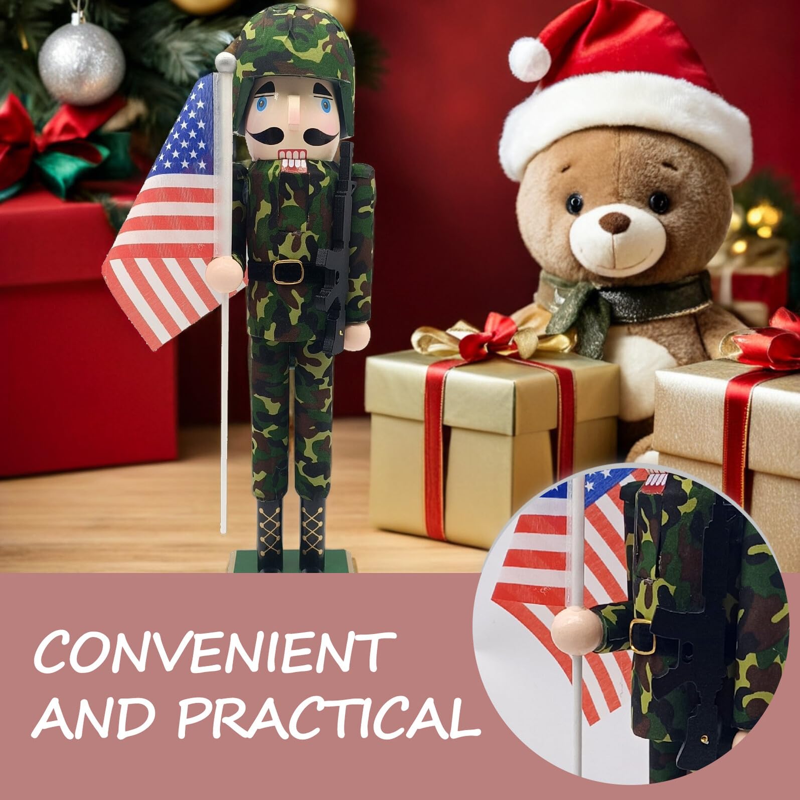 Toyvian Holz Nussknacker Figur mit Amerikanischer Flagge als Tischdeko für Weihnachten und Feiertage Traditioneller Soldat Dekor für Haus und Büro