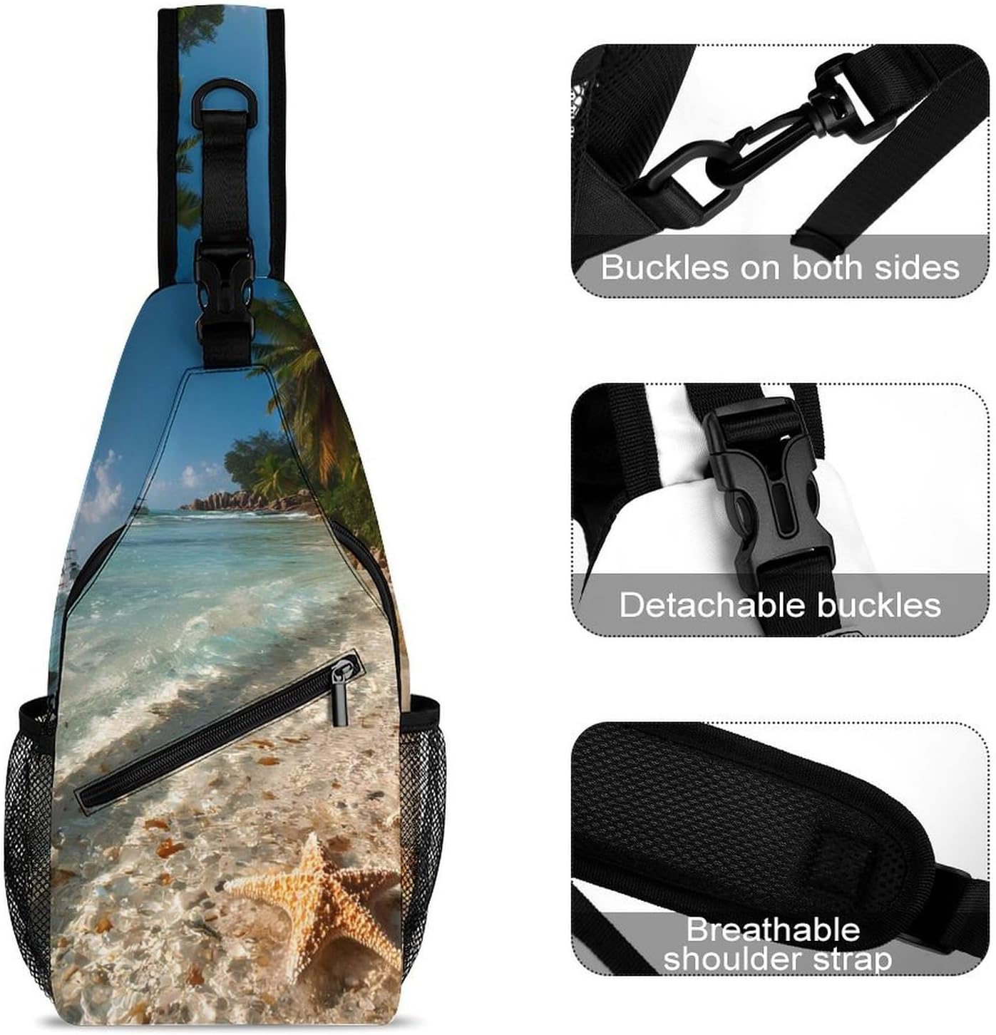 Beach Starfish Wave Seawaves Men Crossbody Sling Backpack Chest Bag | Travel Fanny Pack,Hiking Daypack,Print Shoulder Bags