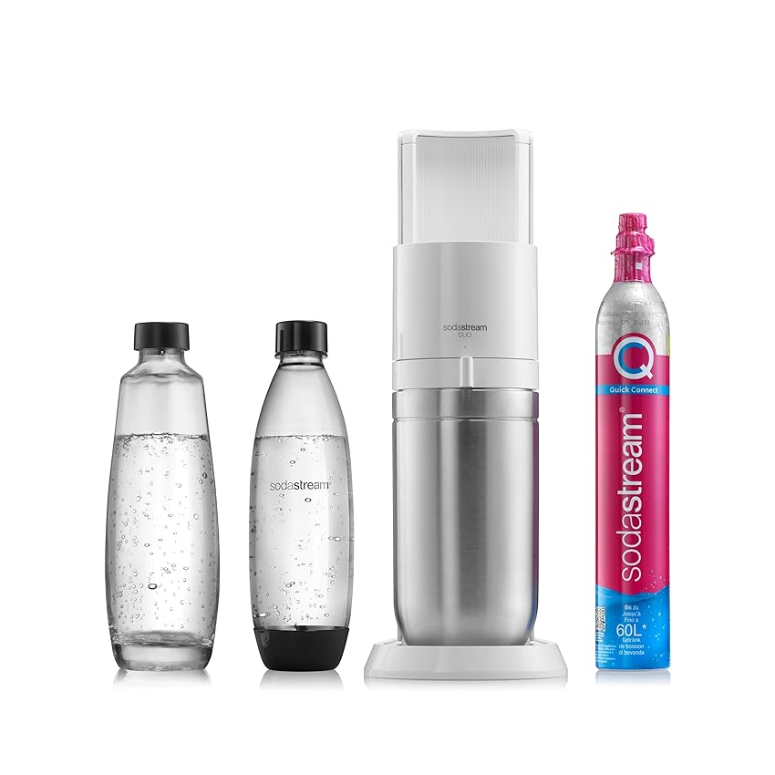 Sodastream Gasatore Duo Per Trasformare L'Acqua In Acqua Frizzante, colore bianco, include 1 bottiglia in plastica e 1 una bottiglia in vetro e cilindro di co2