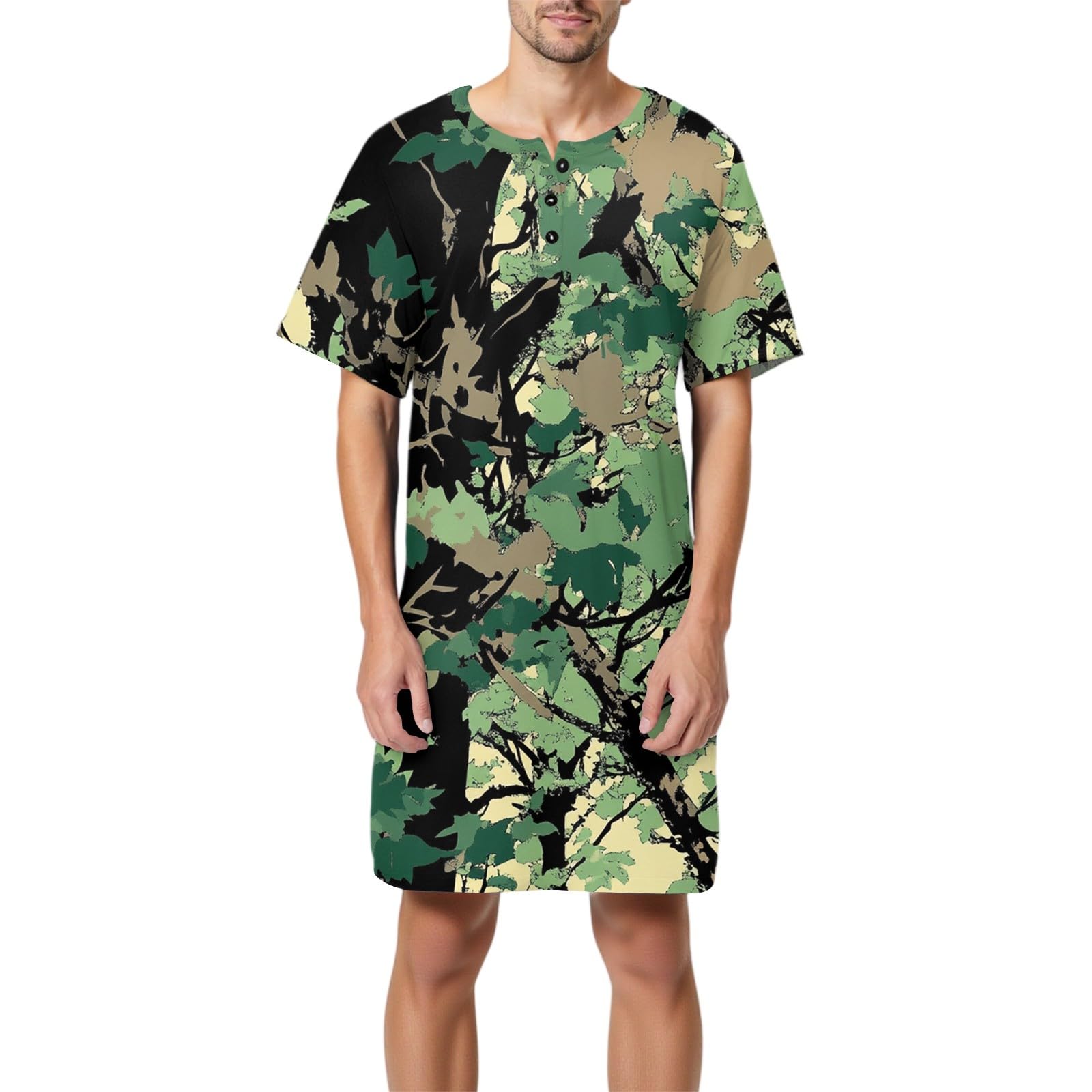 Herren knielanges Schlafshirt mit Henley-Kragen – Weiches Kurzarm Nachtwäsche-Hemd mit Bambusprint, Bequeme Loungewear