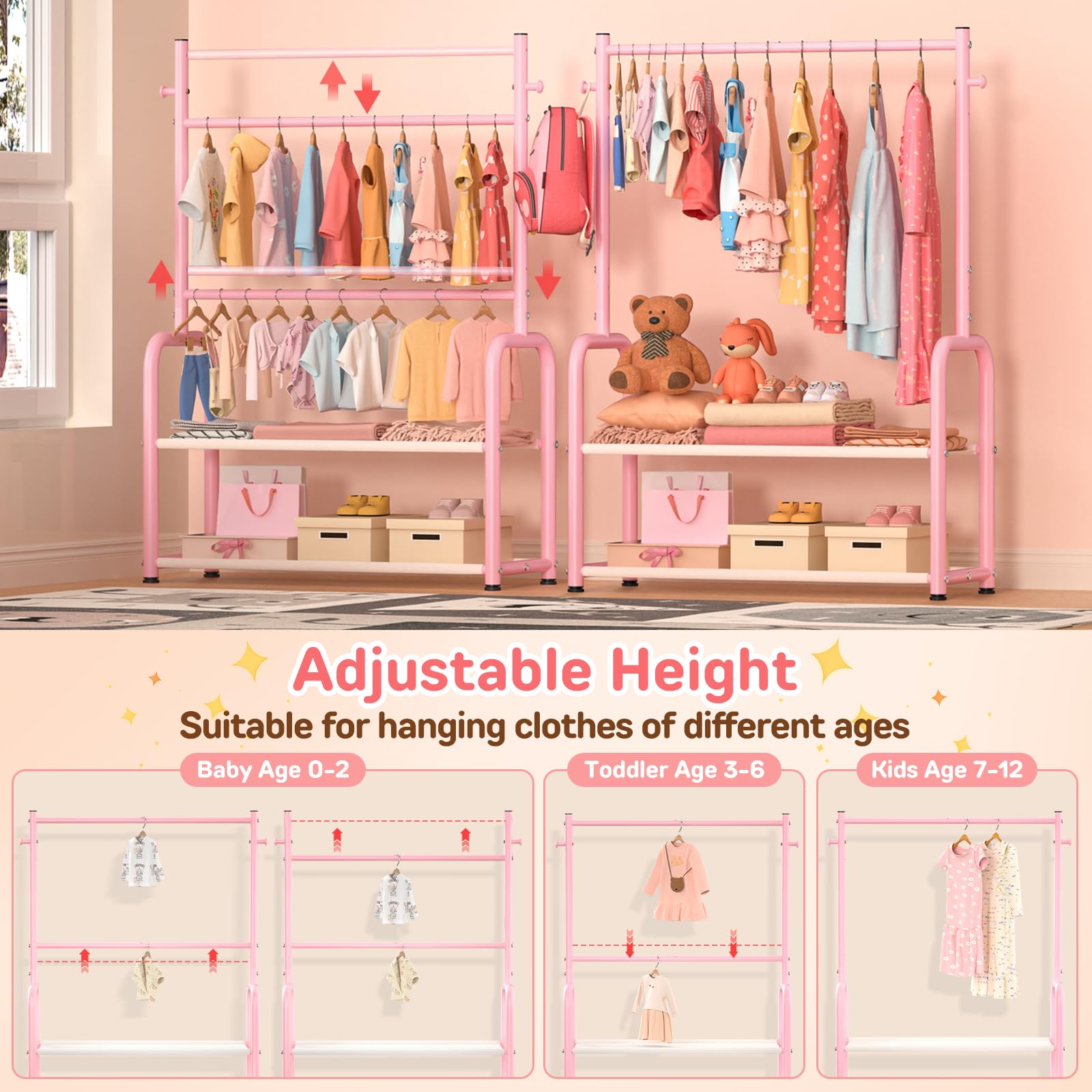 Bambini Abbigliamento Rack 2 Tier Baby Closet Rosa Toddler Dress up Rack | 2 aste appendiabiti, regolabili, per bambini da 0 a 9 anni, per bambini piccoli, per asilo e camera da letto