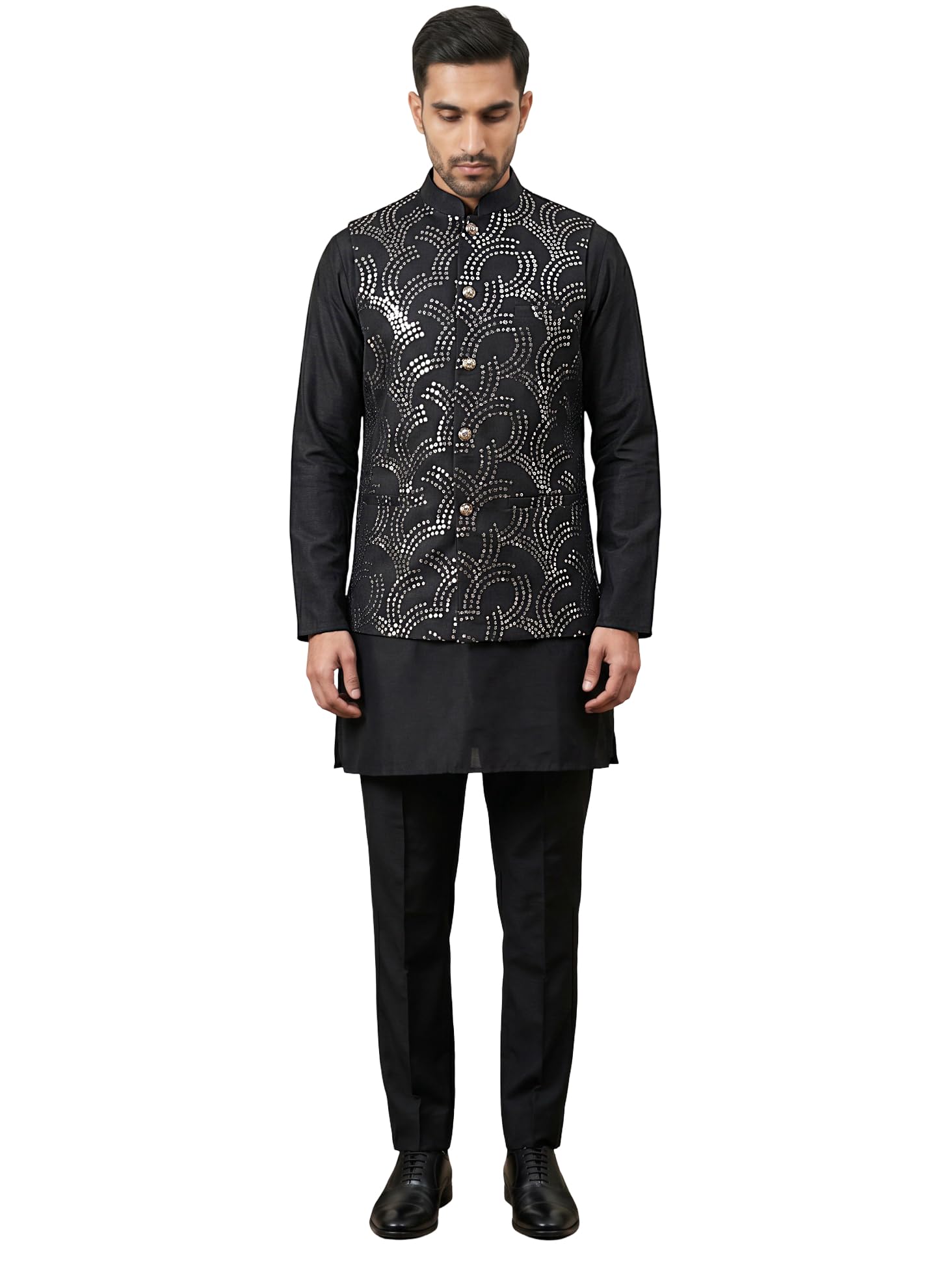 jompers Men's Designer Sequins Nehru Jacket with Kurta Pyjama-picture-33