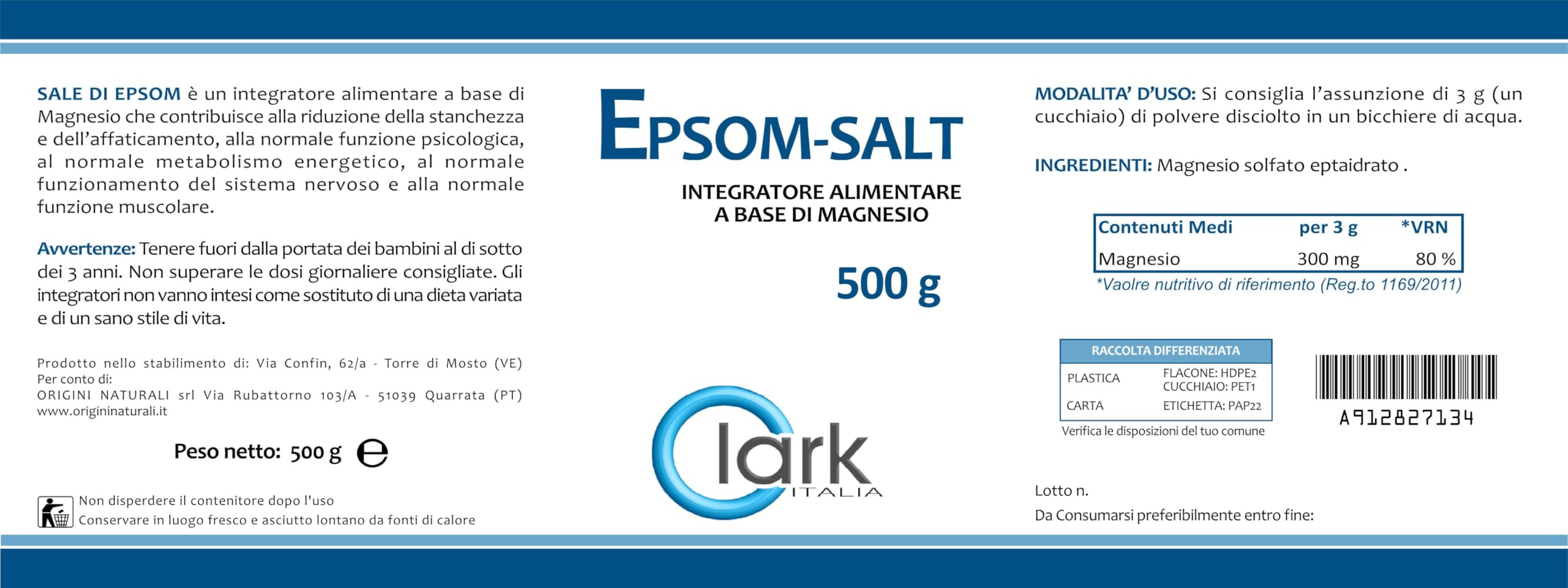 EPSOM SALT 500 g Integratore Alimentare a base di Sale di Epsom, Epsom Salt, Sale Inglese, Flacone da 500 g di grado alimentare