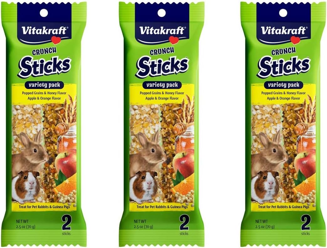 Vitakraft 6 Pack of Crunch Sticks, Variety Pack of Popped Grain & Honey and Apple & Orange, for Rabbits and Guinea Pigs