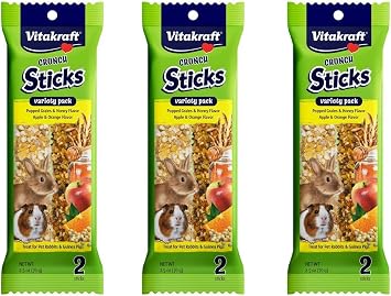 Vitakraft 6 Pack of Crunch Sticks, Variety Pack of Popped Grain & Honey and Apple & Orange, for Rabbits and Guinea Pigs