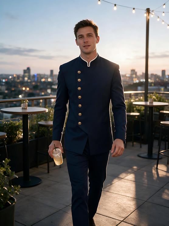 Mandarin Collar Chinese Suits for Men 2 Piece Slim Fit Wedding Suit