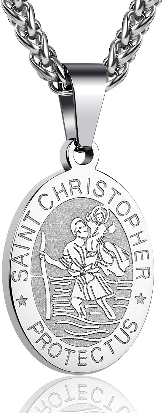 Oval Saint Christopher/Michael/Joseph/Jude/Virgin Mary/Joseph/Francis/Patrick/Anthony/Benedict/Thomas Necklace for Men Women, Stainless Steel Catholic Patron Pendant with Chain 24 Inches