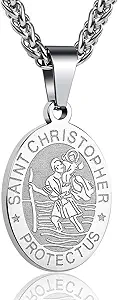 P. BLAKE Oval Saint Christopher/Michael/Joseph/Jude/Virgin Mary/Joseph/Francis/Patrick/Anthony/Benedict/Thomas Necklace for Men Women, Stainless Steel Catholic Patron Pendant with Chain 24 Inches