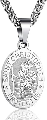 P. BLAKE Oval Saint Christopher/Michael/Joseph/Jude/Virgin Mary/Joseph/Francis/Patrick/Anthony/Benedict/Thomas Necklace for Men Women, Stainless Steel Catholic Patron Pendant with Chain 24 Inches
