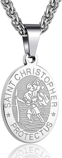 P. BLAKE Oval Saint Christopher/Michael/Joseph/Jude/Virgin Mary/Joseph/Francis/Patrick/Anthony/Benedict/Thomas Necklace for Men Women, Stainless Steel Catholic Patron Pendant with Chain 24 Inches